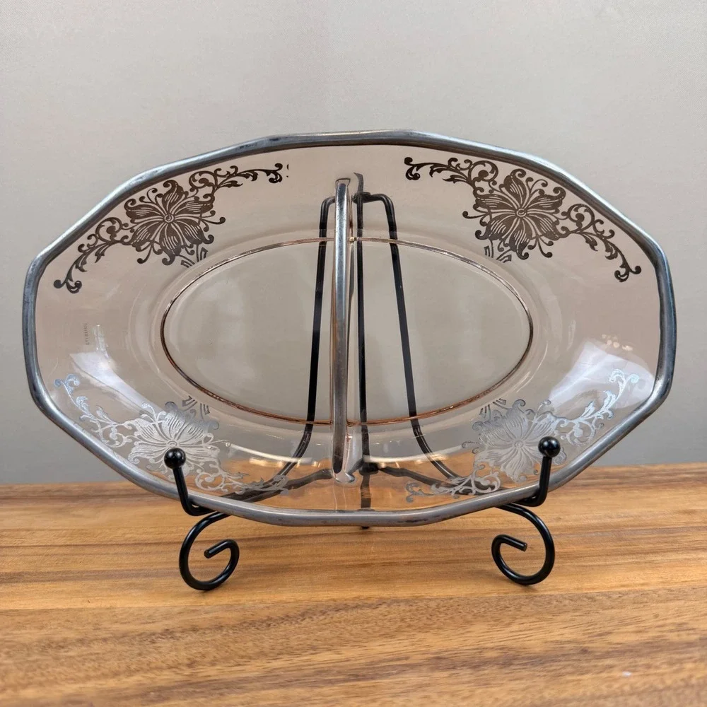 Pink Depression Divided Relish Dish Sterling Silver Overlay Floral 8.75in